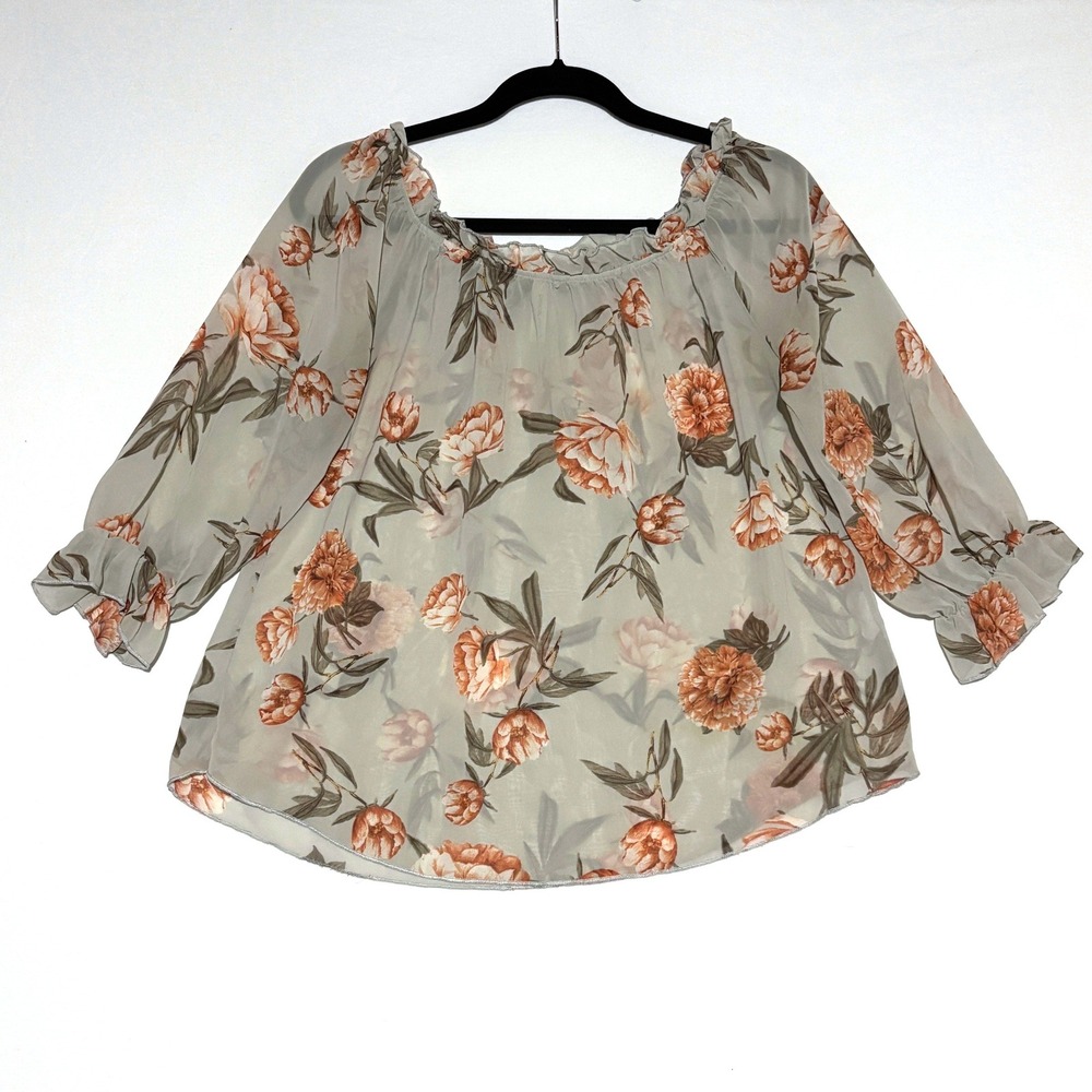 CHOCOLATE USA Women L Floral Blouse Ruffle Sleeve Sheer‎ Fairy Romantic Coquette